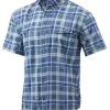 Huk Tide Point Fish Plaid Short Sleeve Shirt - Silver Blue - Medium